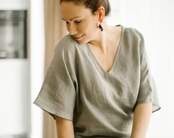 Short sleeves linen tshirt LILA, Plus size linen blouse for women, Simple kimono tunic, Casual linen tops for women, SIZES 2XS - 3XL