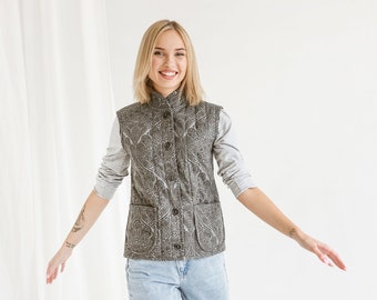 Women Quilted Linen Vest AVA, Sleeveless Linen Vest with Wool Insulation, Button Up Waistcoat, Short Vest for Women, Vintage Style Waistcoat