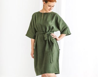 Ready to ship, color forest green, Linen flutter sleeve dress RITA, Womens plus size linen dress with belt and pockets, Formal linen dress