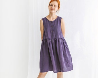 Button up linen dress AURA, Size 38, colour dark purple, Sleeveless linen dress with pockets, Maternity dress for photo shoot