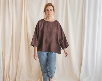 Organic linen crop top NOVA, oversized 100% linen T-shirt for women, linen kimono top with short sleeves, minimal linen blouse for summer