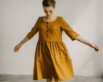 Robe en lin grande taille JANET, robe midi en lin boutonnée avec manches 3/4, vêtements en lin boho pour femmes pour l'été, robe d'allaitement en lin