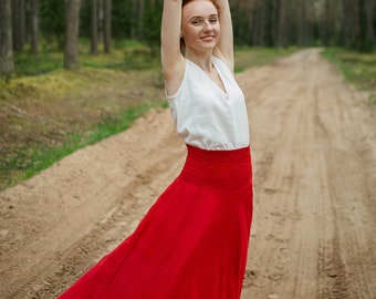 Red linen skirt Tina. Linen full skirt. Long skirt with pockets. Women linen skirt. Classic skirt for summer. Casual woman skirt.