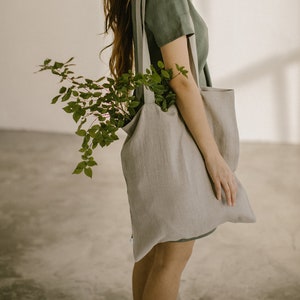 Natural linen tote bag, linen shoulder bag for shopping or beach, organic reusable tote bag, white linen bag other colors also available image 1