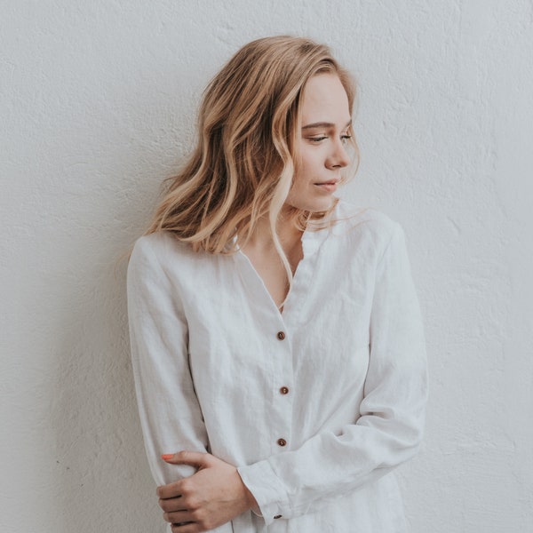 Classic linen button up shirt ANGELIA, white linen shirt - other colors also available, ladies’ linen long sleeve shirt, no iron linen top