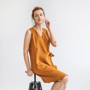 Linen dress UNA, V-neck sleeveless organic linen summer dress, linen wrap dress, semi formal linen dress, women clothing dresses image 1