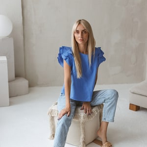 Linen ruffle blouse with short sleeves, Womens linen top with shoulder rufflers, Summer linen crop top, Elegant linen white shirt for women