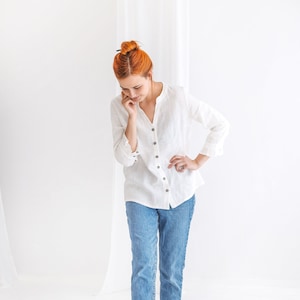 Feminine white linen shirt ELENA, Classical women linen top, Womens button up shirt, Linen long sleeve shirt, Summer linen blouse for women image 1