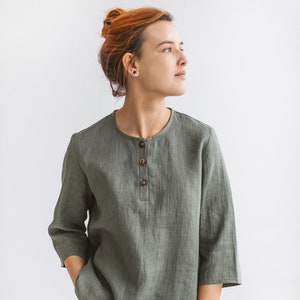 Tops de linho BRENDA para mulheres, Blusa de linho orgânico com mangas 3/4, Top de linho plus size, Camisa de botões para o verão, Blusa oversized