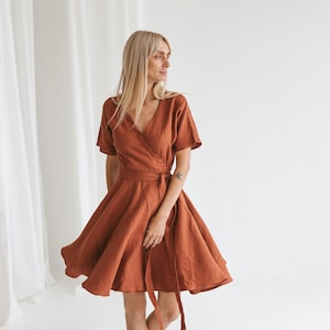 Womens wrap linen dress CLEO, 46 size, colour redwood, ready to ship, Kimono robe style wrap midi dress, Linen bridesmaid dress