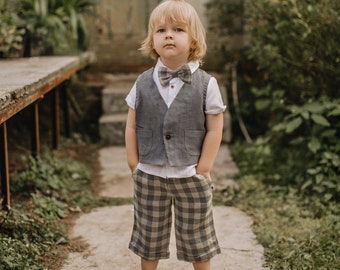 Ring bearer outfit. Baptism Outfit / Separates (Linen Pants, Shirt, Waistcoat, Bow Tie)