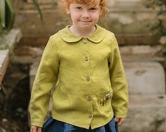 Ready to ship - Linen girls shirt with long sleeves - Organic linen clothes for kids - Girls Linen Peter Pan Blouse