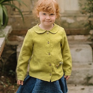 Linen girls shirt with long sleeves - Linen buttoned shirt for kids - Organic linen clothes for kids - Girls Linen Peter Pan Blouse
