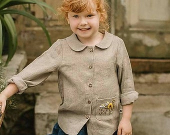 Linen Shirt Mary with Long Sleeves, Linen buttoned shirt for kids, classic embroidery shirt for girls, organic linen shirt for kids