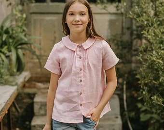 LINEN shirt for girls, Peter pan collar blouse, Linen blouse with buttons, Short sleeves button down shirt, Kids linen shirt, Summer shirt