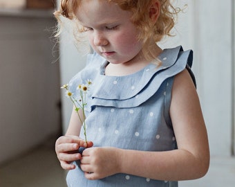 Baby girl clothes. Polka dot blouse. Organic baby clothes. Blouse for girls sleeveless. Collared top for girls. Baby shower gift. Linen top.