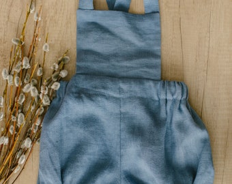 Klaar om te verzenden, linnen baby romper, blauwe linnen romper, babyjongen romper, baby zomer romper, baby overalls, linnen babykleding, bloeier