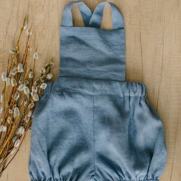 Ready to ship, Linen baby romper, Blue linen romper, baby boy romper, baby summer romper, baby overalls, linen baby clothes, bloomer