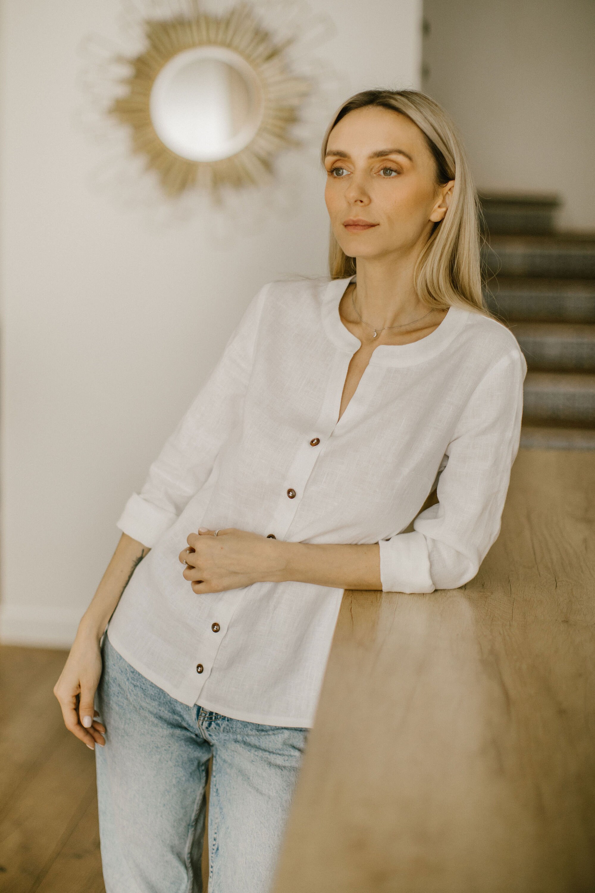Classic Linen Button up Shirt ANGELIA, White Linen Shirt - Other