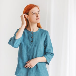 Linen tops BRENDA for women XS 3XL, Organic linen blouse with 3/4 sleeves, Plus size linen top, Button up shirt for summer image 8