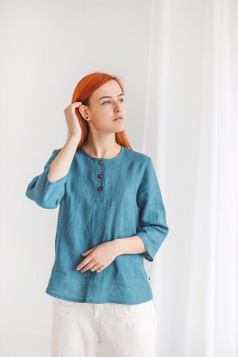 Linen tops BRENDA for women XS 3XL, Organic linen blouse with 3/4 sleeves, Plus size linen top, Button up shirt for summer image 8