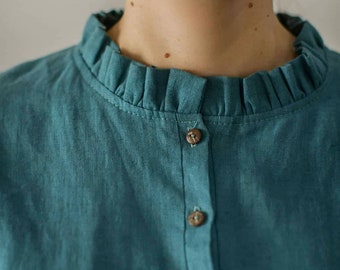 Linen popover shirt RUTH, short sleeve collarless linen shirt for women, summer 100% linen top, organic blouse in green, blue or other color