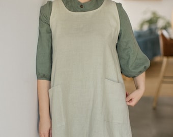 Linen cross back apron, Linen pinafore apron with pockets, Japanese apron birthday gift for women, Linen apron Mother day gift, 25 COLORS