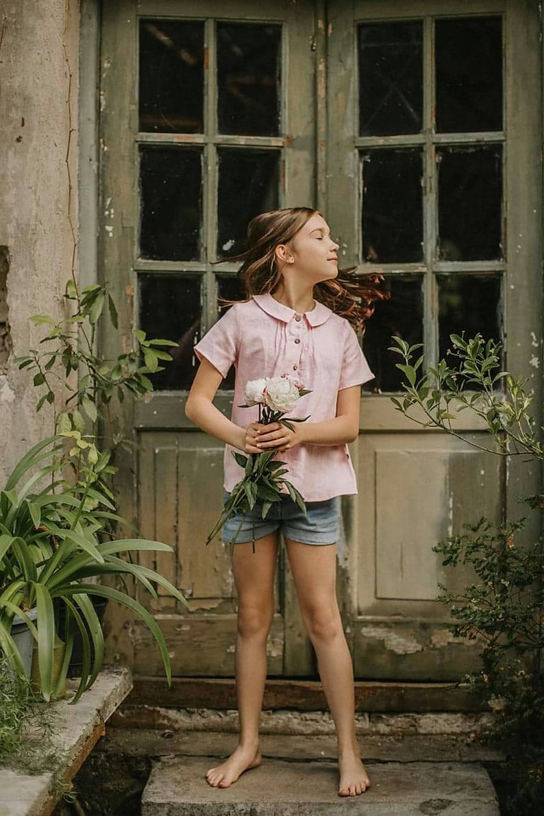 LINEN shirt for girls, Peter pan collar blouse, Linen blouse with buttons, Short sleeves button down shirt, Kids linen shirt, Summer shirt image 6