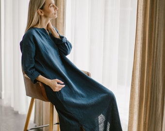 Prêt-à-partir, longue tunique en lin avec boutons ROBE À BOUTONS DOUX chemise en lin robe d'été femme tunique robe en lin lavé avec poche