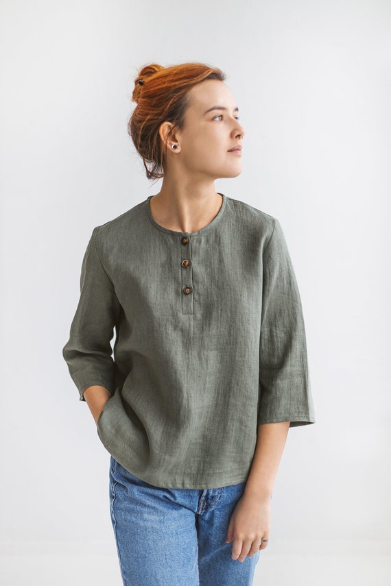Tops de lino BRENDA para mujer, blusa de lino orgánico con mangas 3/4, top  de lino de talla grande, camisa abotonada para el verano, blusa de gran  tamaño -  España