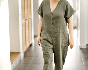 Combinaison Pantalon Femme En Lin Et Coton - Salopette Ample Sans Manches, Jambes Larges, Avec Poches