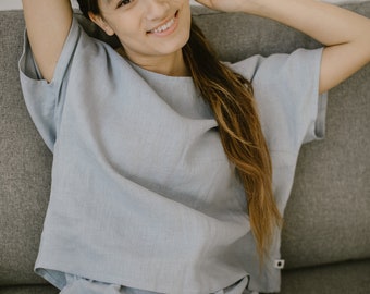 Conjunto de pijama de linho feminino AMBER: shorts e blusa de linho orgânico macio, conjunto de roupa de dormir de linho natural plus size para mulheres.