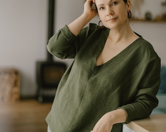 Organic linen crop top AGOTA, oversized 100% linen T-shirt for women, linen kimono top with short sleeves, minimal linen blouse for summer