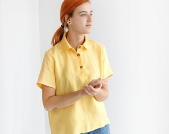 White linen button shirt for women CANDY, classic short sleeve linen top, ladies' beach shirt, organic washable blouse for summer season