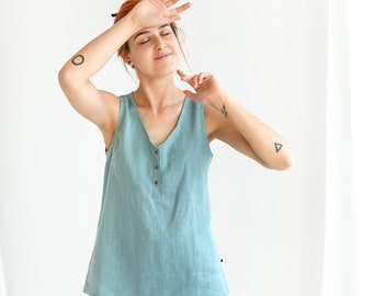 Ready to ship, Sleeveless V-neck T-shirt with front brass snaps, linen tank top for women in white or other color