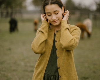 Size XS, color forest mix, ready to ship, 100% Alpaca hand knitted sweater with buttons, Alpaca wool cardigan for women