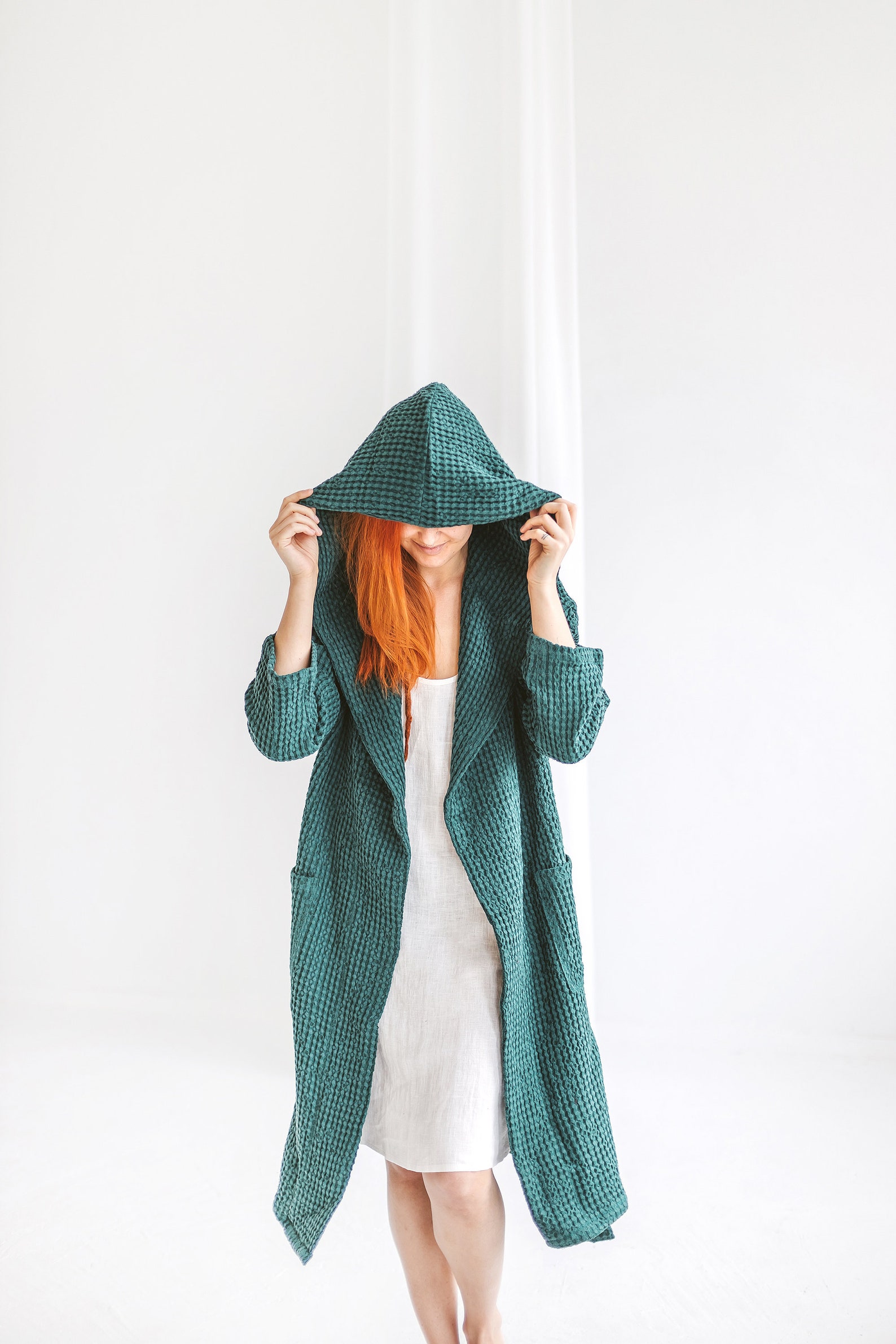 Hooded Long Organic Linen & Cotton Waffle Robe for Women and Men, Soft