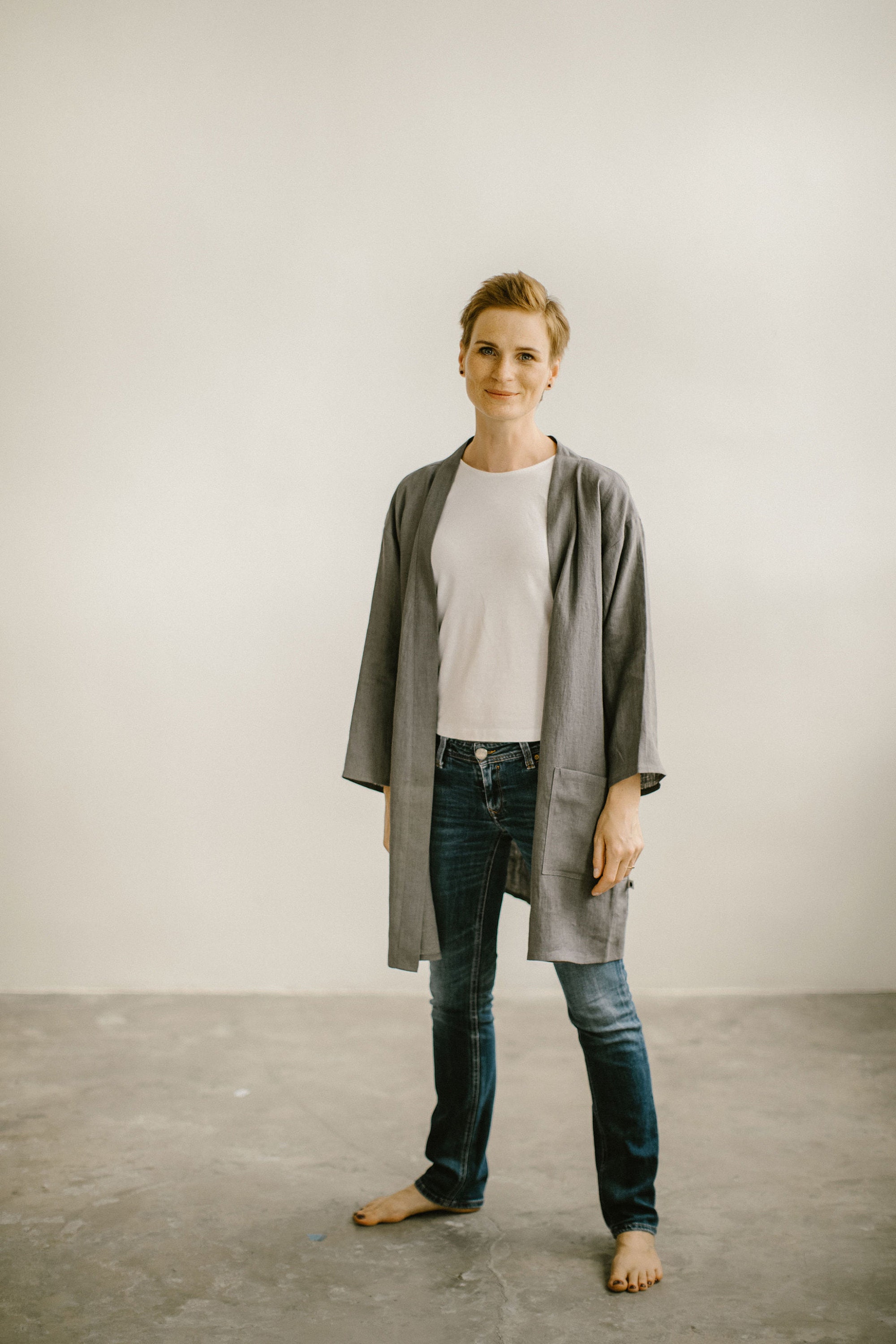 ワンピース ENOF linen long cardigan M 100% Organic Linen Cardigan for Women, Open Front