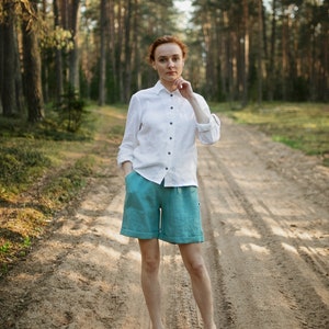 Versandfertig, hoch taillierte Leinenshorts für Frauen PAULA, plus Größe Leinen Shorts mit Kordelzug, Damen Shorts zum Anziehen Bild 1