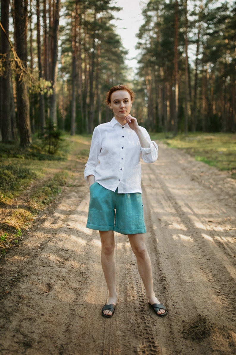 Versandfertig, hoch taillierte Leinenshorts für Frauen PAULA, plus Größe Leinen Shorts mit Kordelzug, Damen Shorts zum Anziehen Bild 1