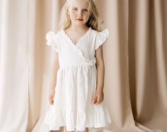 White Linen Girl Dress JASMINE, Baptism Dress for Baby Girl, Girl Christening Dress, Toddler Flower Girl Dress, Summer Wrap Linen Dress