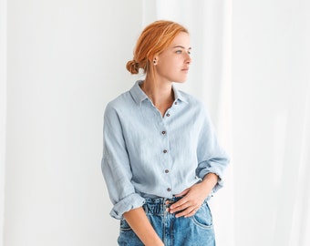 Classic linen button up shirt DOLLY, white linen shirt - other colors also available, ladies’ linen long sleeve shirt, oversize linen top