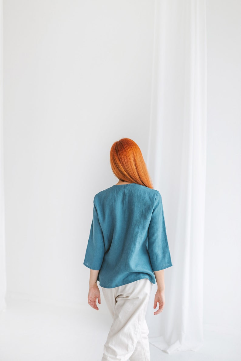 Linen tops BRENDA for women XS 3XL, Organic linen blouse with 3/4 sleeves, Plus size linen top, Button up shirt for summer image 3
