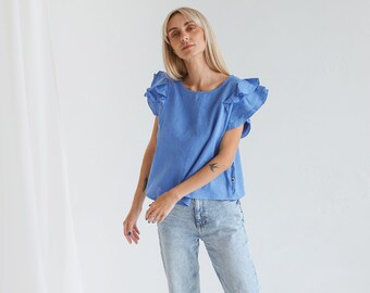 Blusa de lino con volantes y mangas cortas, Top de lino para mujer con volantes en los hombros, Top corto de lino de verano, Camisa blanca elegante de lino para mujer