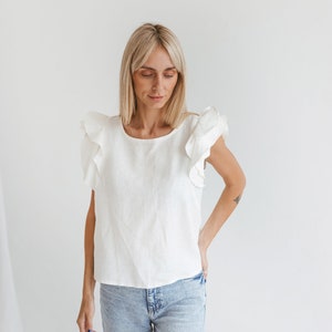 Linen ruffle blouse with short sleeves, Womens linen top with shoulder rufflers, Summer linen crop top, Elegant linen white shirt for women