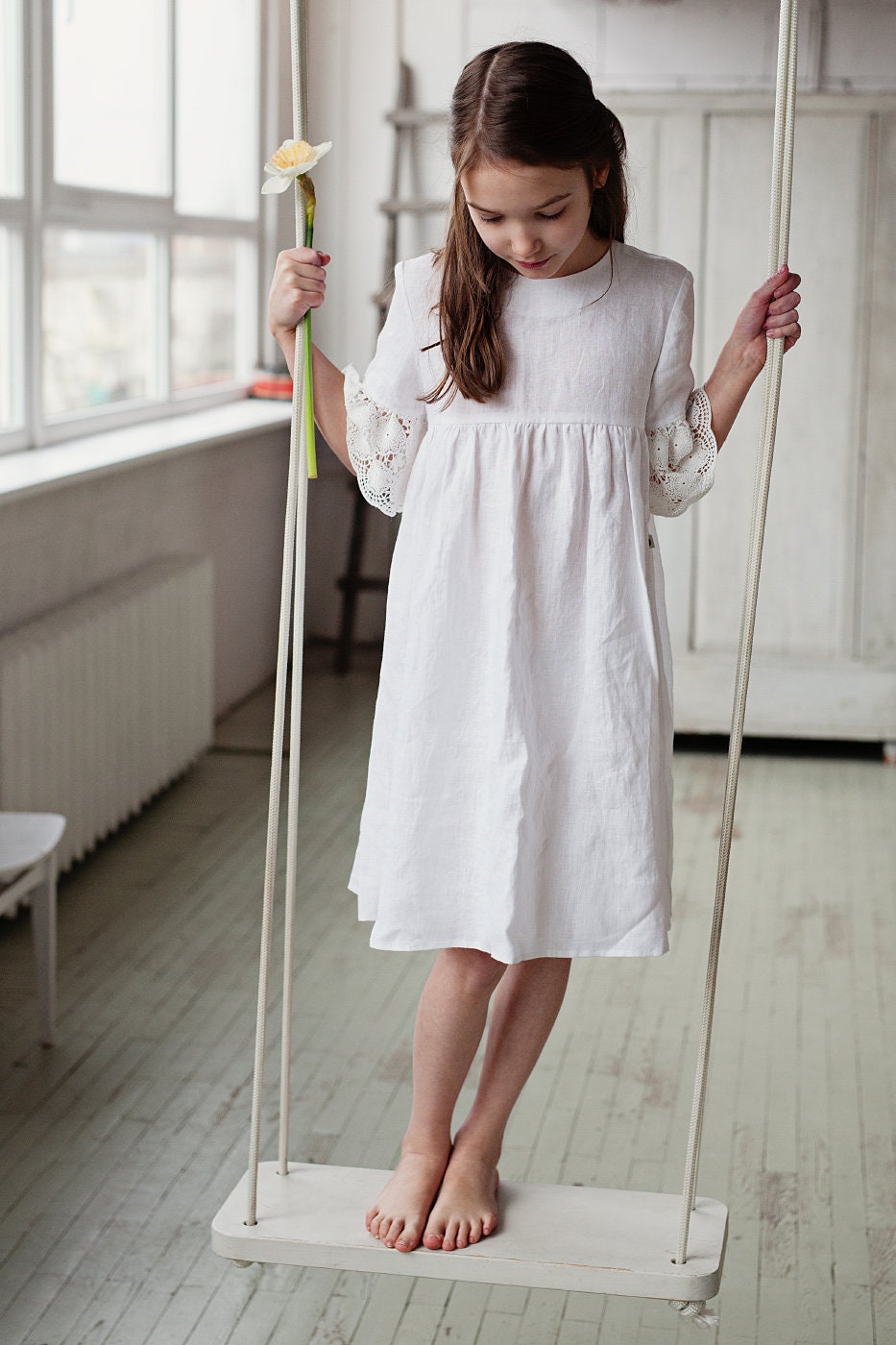 White linen flower girl dress, bell sleeve flowy dress, knee length linen summer dress for toddler girl, linen baptism dress for baby girl