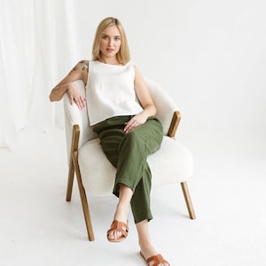 Pantalon en lin pour femme, avec ceinture élastique, Pantalon en lin bio pour les vacances, Pantalon en lin pour femme, Vêtements en lin pour femme