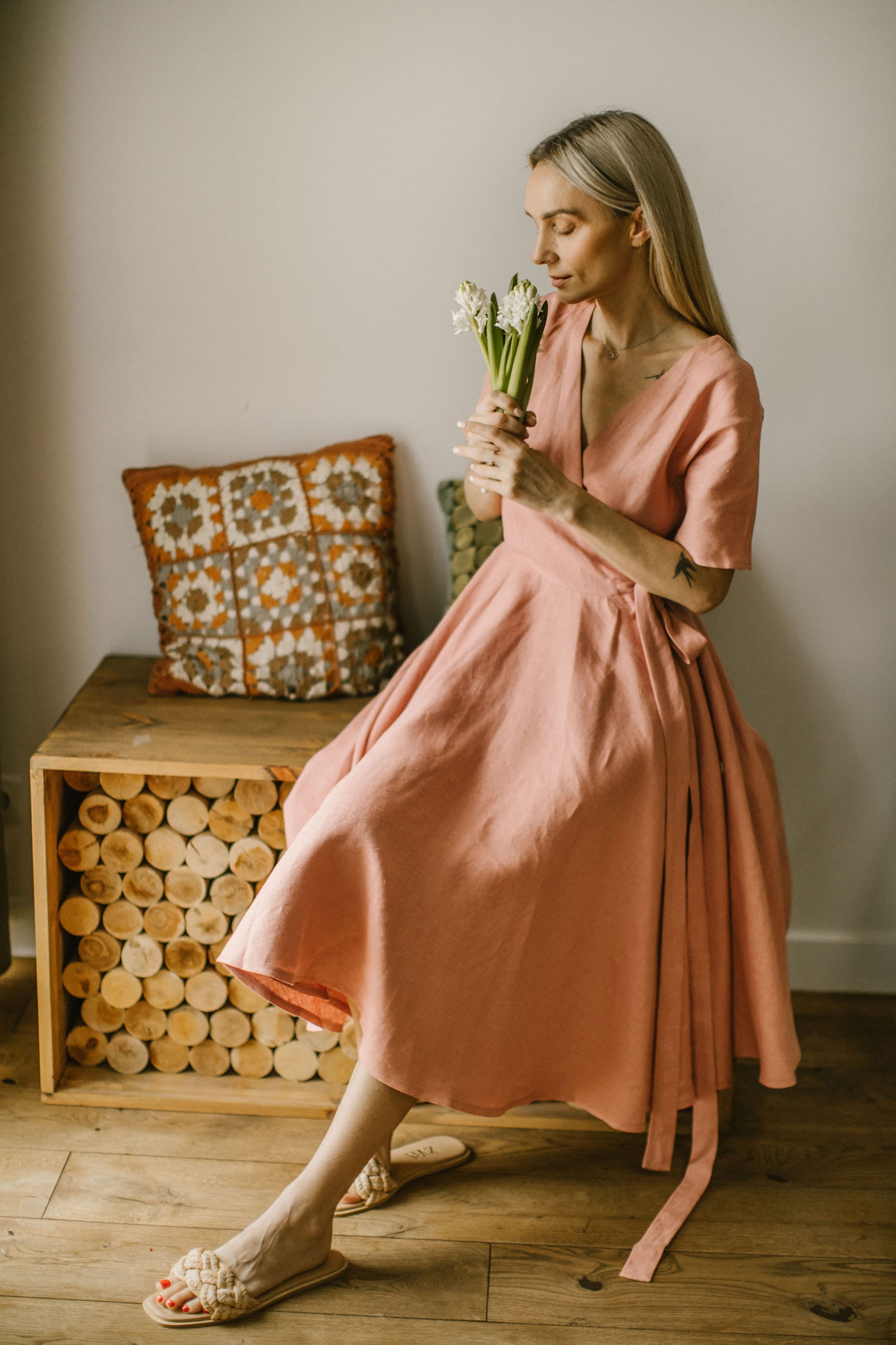 Linen Wrap Dress Women,CLEO Midi Linen Dress, Kimono Style Dress, V Neck Linen Dress, Summer Linen Dress, Adjustable Waist