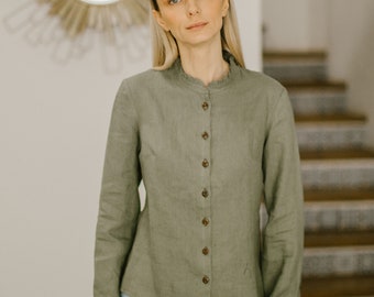 Camicetta edoardiana SAKURA, camicia classica con bottoni, camicetta in lino con collo a balze, camicetta vittoriana con collo alto, top in lino di moda etica