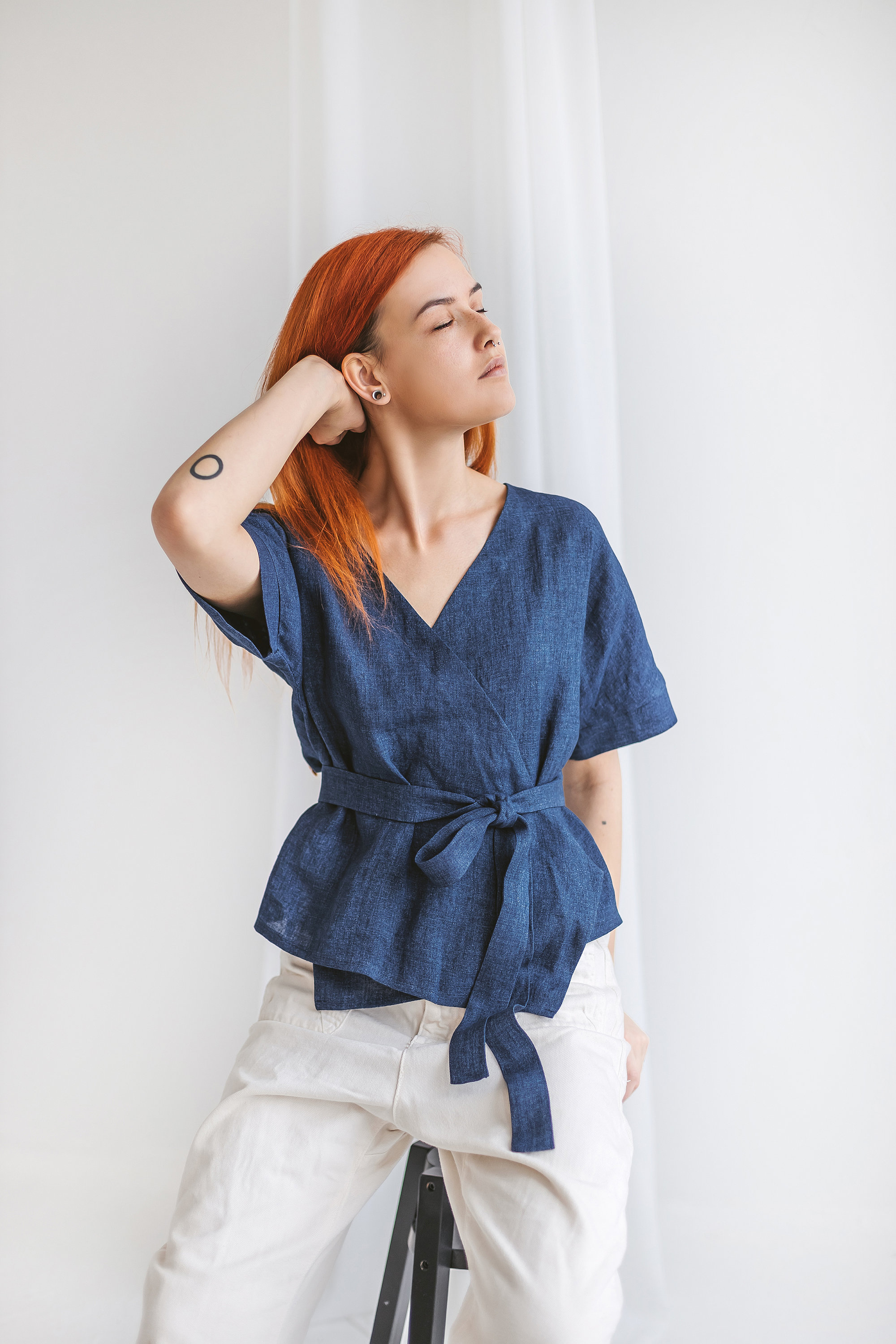 Womens Linen Wrap Top Short Sleeve 